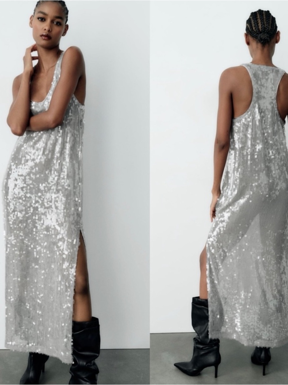 Viral Zara Silver Sequin Sheer Tank Maxi Dress
